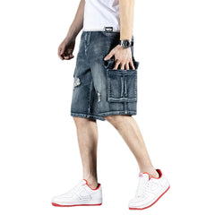 Summer New Jeans Men's Trendy Brand Piercing 5 Shorts Men's Loose Multi Pocket Work Pants Men's Outdoor Clothing