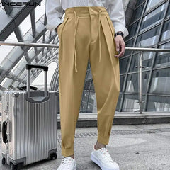 Fashion Men Pants Solid Color Lace Up Pleated Joggers Casual Trousers Men Loose Streetwear Leisure Long Pants L-5XL INCERUN