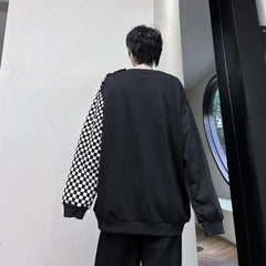 Men Casual T Shirt Checkerboard Patchwork O-neck Long Sleeve Pullover Streetwear Stylish Tee Tops Men Leisure Camisetas