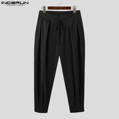 Fashion Men Pants Solid Color Lace Up Pleated Joggers Casual Trousers Men Loose Streetwear Leisure Long Pants L-5XL INCERUN