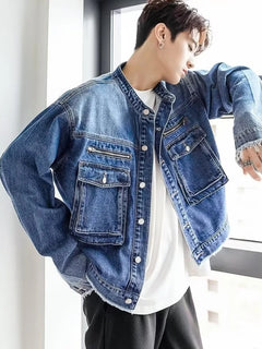 Jacket Men Chic Japanese Style Vintage Distressed Denim Overcoats Autumn Raw Edge Minimalist Zipper High Street All-match Lapel