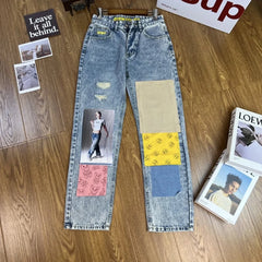 y2k jeans Patch Design Pants Men Loose Broken Jeans Korean Color Contrast man Pant Unisex High Street Denim Trousers