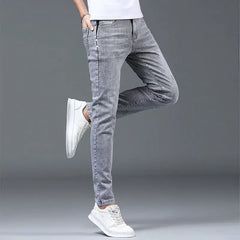 Fashionable Men's Luxury New Gray Solid Denim Pants Slim Fit Tretch Drsigner Skinny Jeans for Summer Casual Wear