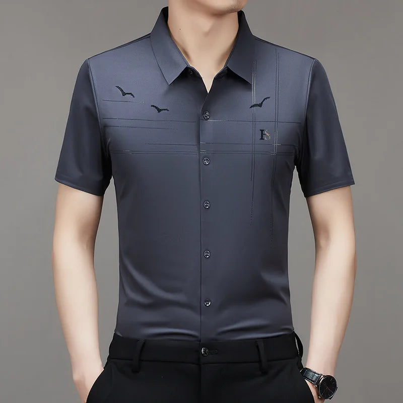 Summer Turn-down Collar Men's New Clothing Short Sleeve Shirt Middle-aged Thin Seamless Loose Fitting Fashion Business Tops