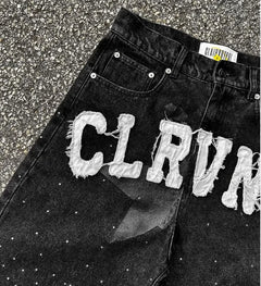 Letter patchwork embroidered jeans five-pointed star summer rock hip-hop diamond pants men's personalized design shorts