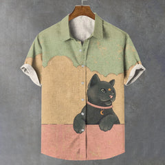 Summer Men's Shirt Animal Pattern Print Cat Shirts Casual Short Sleeve Streetwear Fashion Male Oversized Clothing Cardigan Top