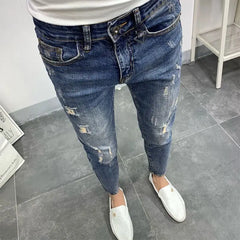 Men's Korean Style Classic Jeans New Blue Ripped Jeans for Men Fashion Trendy Summer Skinny Ripped Hole Cargo Trousers