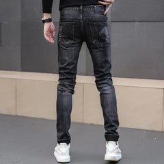 Black Jeans For Men Fashion High Street Slim Printing Denim Man Pants Autumn Stretchy Casual Biker High Quality Men's Clothing