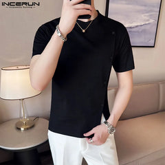 INCERUN  Men T Shirt Solid Color O-neck Short Sleeve Button Men Clothing Streetwear Summer Korean Casual Male Tee Tops S-5XL