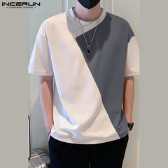 INCERUN Summer Men T Shirt Patchwork O-neck Short Sleeve Streetwear Casual Men Clothing Korean Style Loose Tee Tops L-5XL