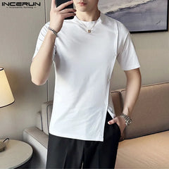 INCERUN  Men T Shirt Solid Color O-neck Short Sleeve Button Men Clothing Streetwear Summer Korean Casual Male Tee Tops S-5XL