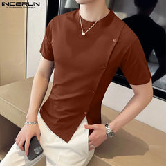 INCERUN  Men T Shirt Solid Color O-neck Short Sleeve Button Men Clothing Streetwear Summer Korean Casual Male Tee Tops S-5XL