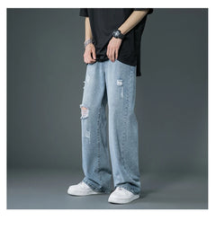 Spring and Summer New Style Is Thin Ripped Jeans Korean Street Fashion Loose Denim Trousers Baggy Blue Casual Pants