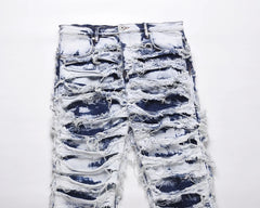 Frayed Distressed Retro Tie Dye Jeans Pants Men and Women Straight Ripped Hole Washed Baggy Casual Denim Trousers