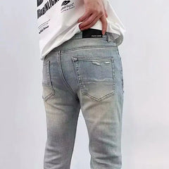 Fashion Men's Ripped Jeans Casual Stretch Denim Pants High Street Slim Fit Light Blue Hip Hop Jeans Streetwear Man's Trousers