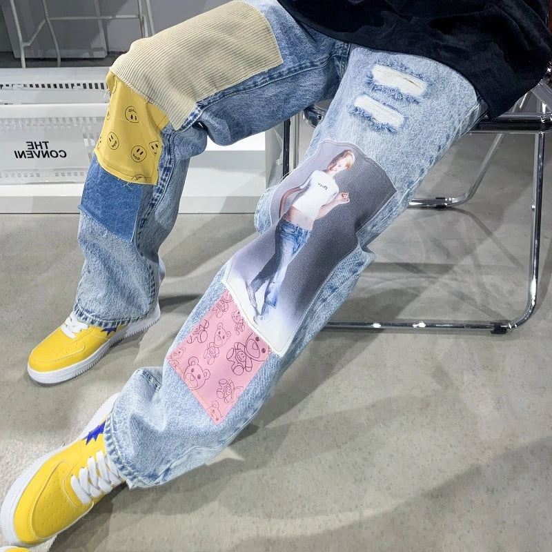 y2k jeans Patch Design Pants Men Loose Broken Jeans Korean Color Contrast man Pant Unisex High Street Denim Trousers