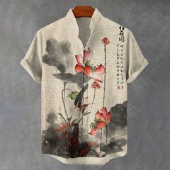 Summer Fashion and Comfortable Bamboo Men's Men's Standing Short -sleeved Shirt Flower Print Large -size casual men's shirt