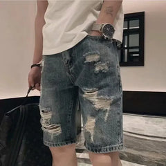 Male Denim Shorts Straight Ripped Men's Short Jeans Pants Designer Cowboy Luxury Korean Fashion Buttons Original Novelty In