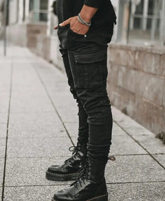 Men Jeans Pencil Pants Cargo Denim Solid Ankle Length Washing Pockets Mid Waist Sheath Slim Slight Strech High Street