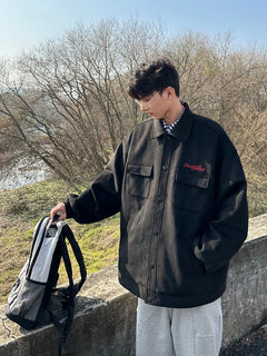 Men Jackets Windbreaker Lapel Baggy Letter American Safari Style Multi Pockets Stylish Handsome Chic Functional Techwear College