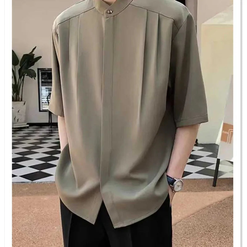 High Quality Stand Collar Shirt for Men Summer Ice Silk Draping Half Sleeves Tops Minimalist Ruffian Handsome Crimp Dress Shirt