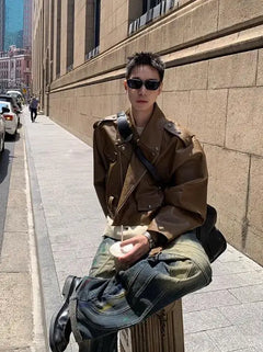 Men Jackets Moto Korean Style Handsome Fashion Leisure Cropped Chic Outwear Windproof Autumn Solid Color Daily Rivet Design