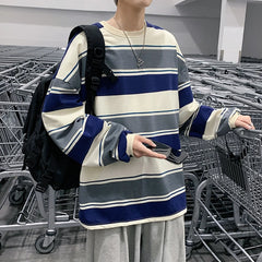 Men Long Sleeve T-shirts Horizontal Striped Clothing Retro Teens Dynamic Students Japanese  High Street Ulzzang Cozy Casual