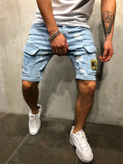 Summer Ripped Shorts Jeans Men Hip-Hop Denim Pants Stretch Light blue Fashion Design Slim Straight Male Short Jeans Hombre