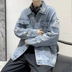 Jackets Men Autumn Korean Style Pockets Simple Pure Hole Turn-down Collar Casual Loose Single Breasted Hip-hop High Street Cozy