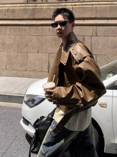 Men Jackets Moto Korean Style Handsome Fashion Leisure Cropped Chic Outwear Windproof Autumn Solid Color Daily Rivet Design