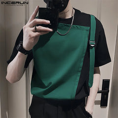 INCERUN Tops  Korean Style New Men Fashion Splicing Backpack Buckle Design T-shirts Casual Male Short Sleeved Camiseta L-5XL