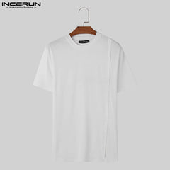 INCERUN  Men T Shirt Solid Color O-neck Short Sleeve Button Men Clothing Streetwear Summer Korean Casual Male Tee Tops S-5XL