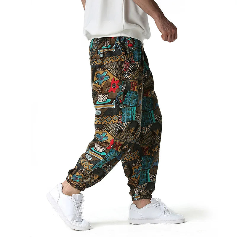 Fashion Traditional Nation Print Cotton Linen Joggers Pants Men Hip Hop Harem Trousers Mens Hippie Casual Streetwear Sweatpants