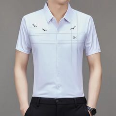 Summer Turn-down Collar Men's New Clothing Short Sleeve Shirt Middle-aged Thin Seamless Loose Fitting Fashion Business Tops