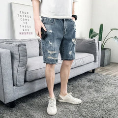 Male Denim Shorts Straight Ripped Men's Short Jeans Pants Designer Cowboy Luxury Korean Fashion Buttons Original Novelty In