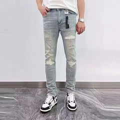 Fashion Men's Ripped Jeans Casual Stretch Denim Pants High Street Slim Fit Light Blue Hip Hop Jeans Streetwear Man's Trousers