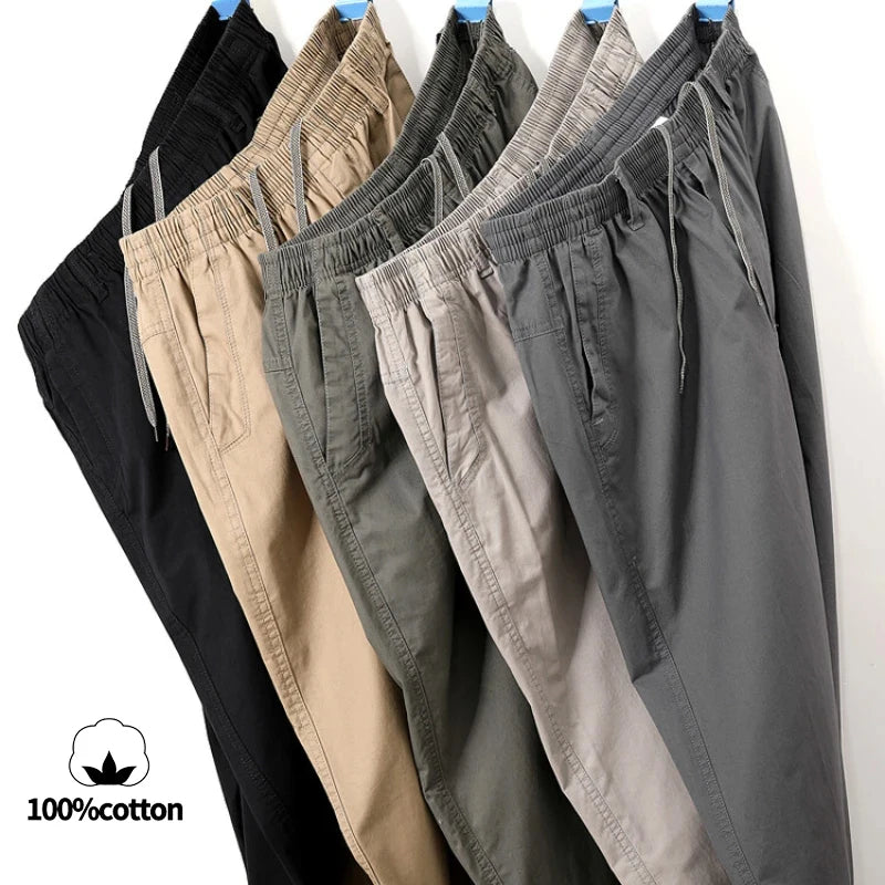 Men's 100% Cotton Sunwashed Pants, Standard Fit, Men Straight Cargo Trousers, Casual Pants, Monochromatic, Elastic Waist