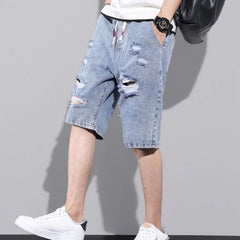 Men's Short Jeans Pants Straight Gray Drawstring Ripped Male Denim Shorts Trend  Popular Xl With Vintage Streetwear