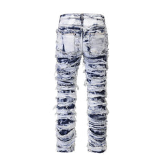 Frayed Distressed Retro Tie Dye Jeans Pants Men and Women Straight Ripped Hole Washed Baggy Casual Denim Trousers